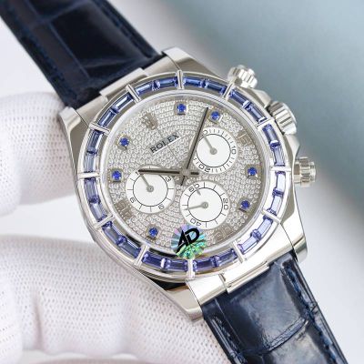 Rolex Daytona Starry Diamond Dial 24 Blue Gems Blue Crocodile Leather Band Watch